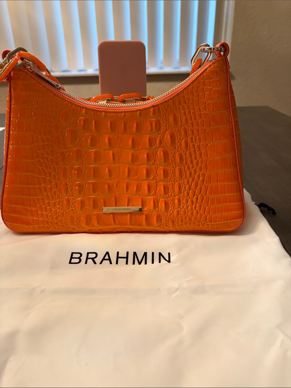 Brahmin Bright Orange Croc-Embossed Shoulder Bag